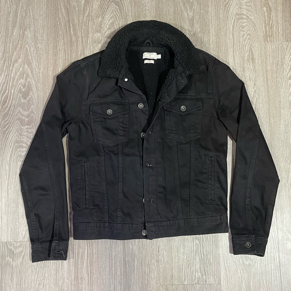 Topman Faux Shearling Sherpa Black Denim Jacket Sz. S